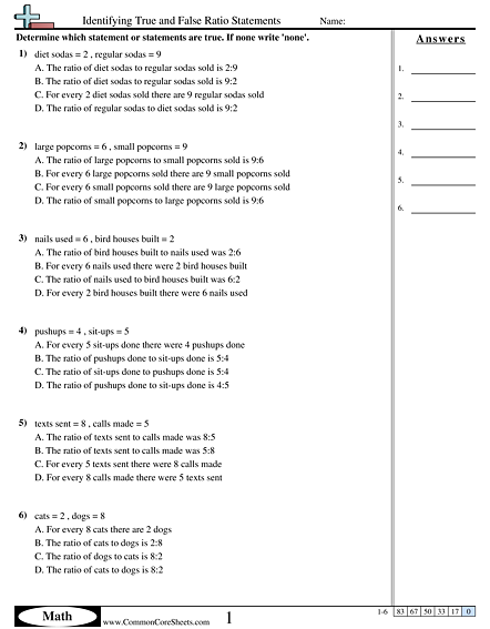 6.rp.1 Worksheets - Identifying True and False Ratio Statements worksheet
